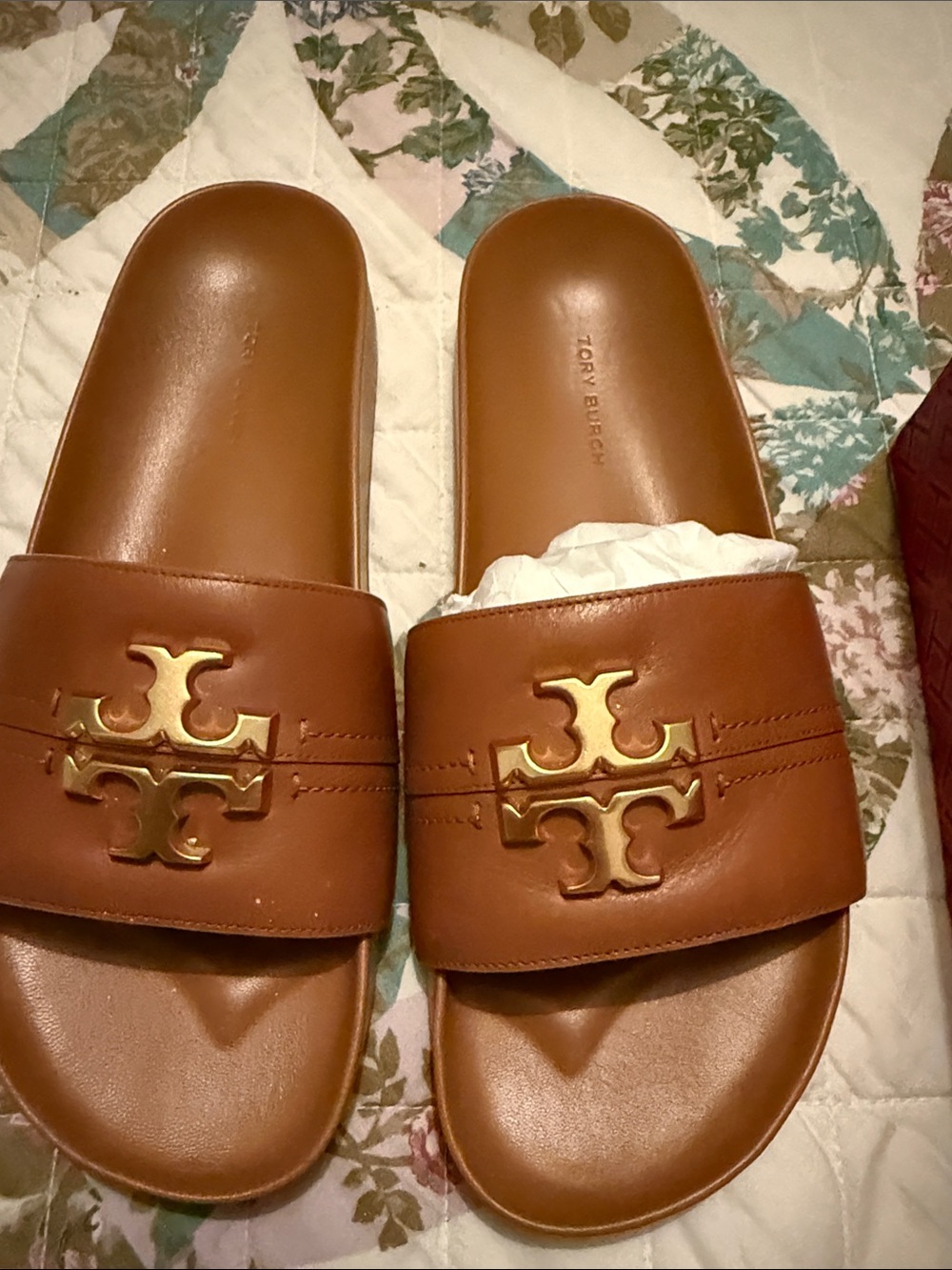 Tory Burch Cognac Leather Logo Slide Sandals